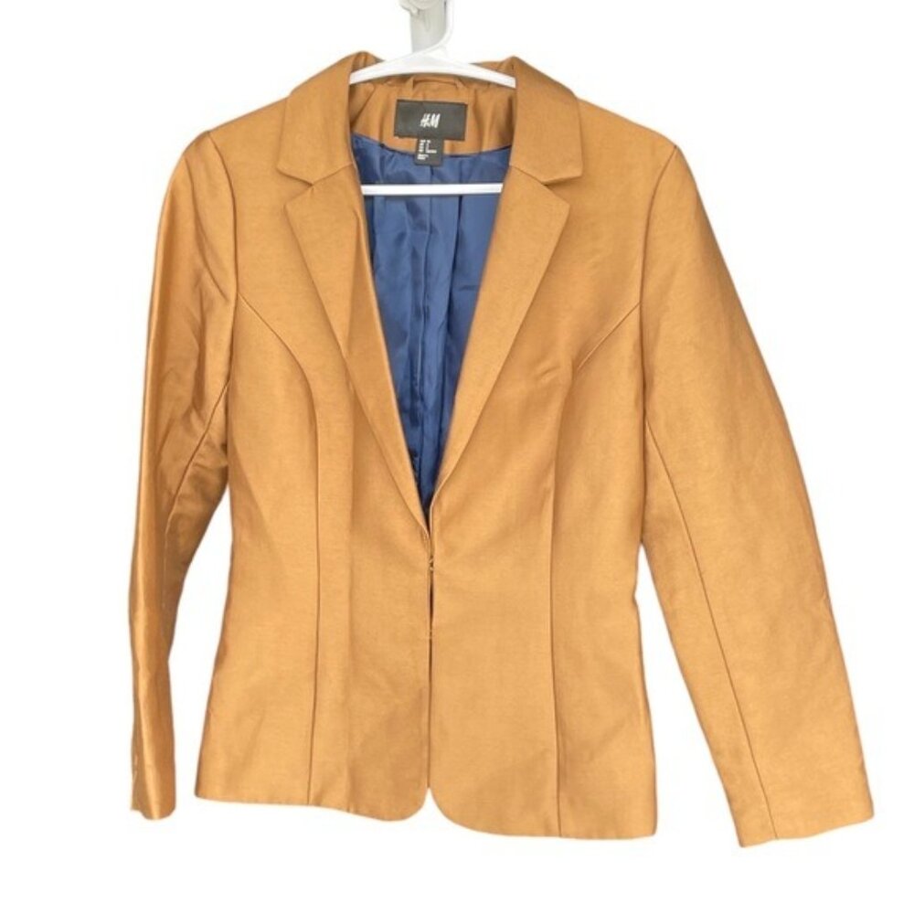 H&M Womens Tan Blazer Jacket Size 6 Fitted Single Button Long Sleeve Cotton Blen